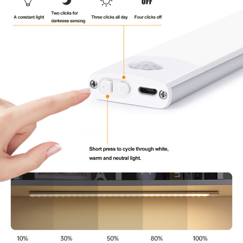 【Ready Stock】Vimite LED Motion Sensor Night Light 3 Color Lamp Wireless USB Charging Cabinet Lights For Bedroom Wardrobe Living Room