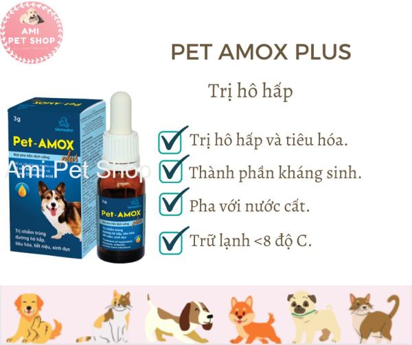 Bột pha nước uống Pet Amox Plus Vemedim trị hô hấp, sổ mũi, chảy nước mắt cho chó, mèo, lọ bột 3g