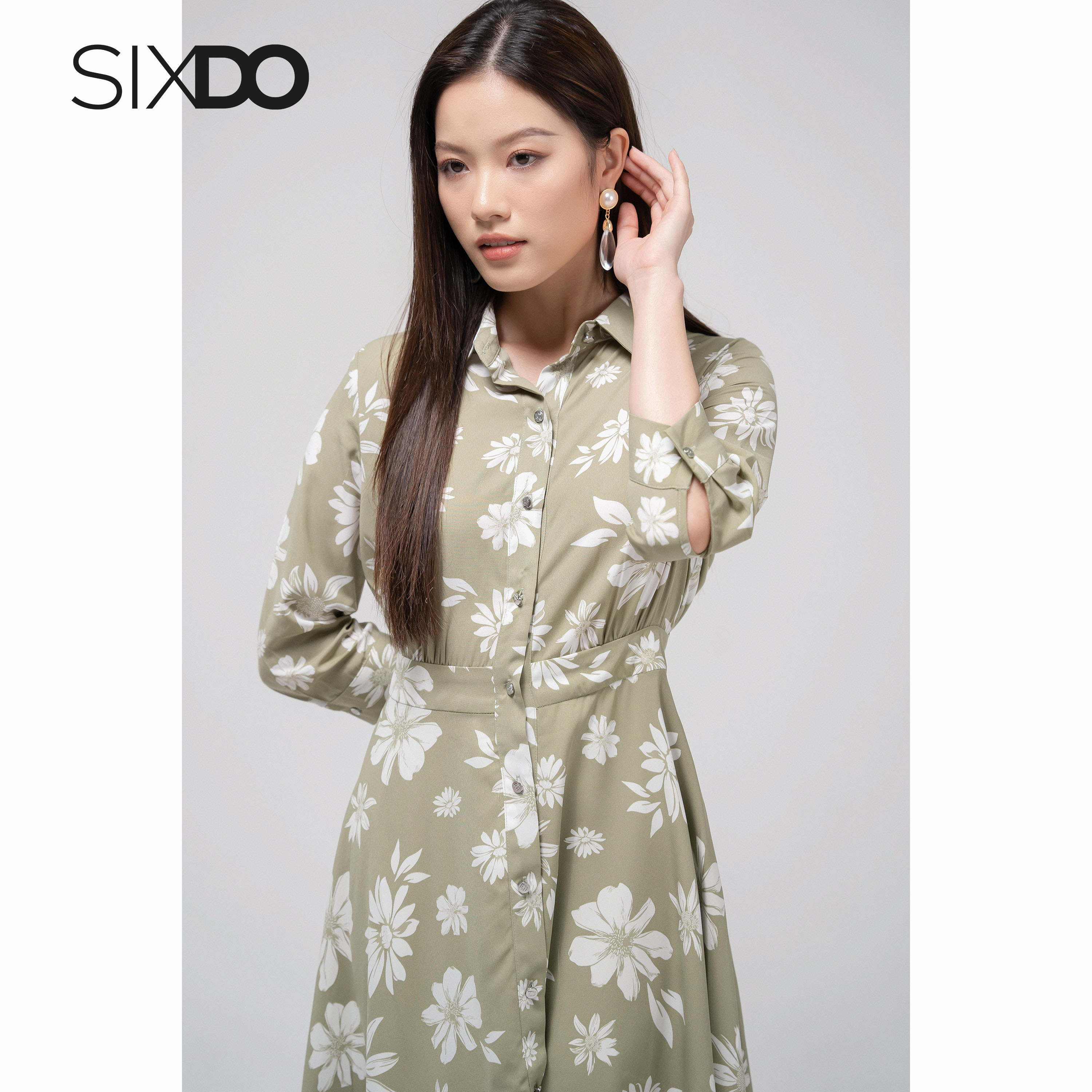 Đầm sơ mi lụa họa tiết hoa SIXDO (Olive Floral Midi Silk Dress)