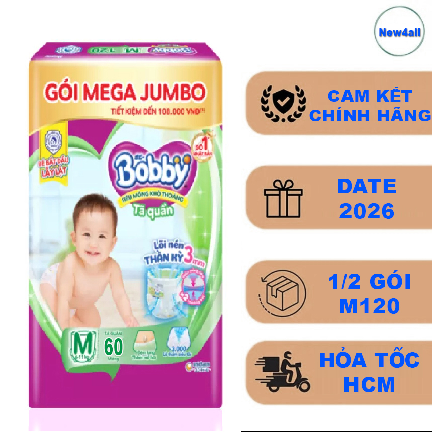 Tã quần Bobby L48 mẫu mới Date 2026 Mega Jumbo (Nửa gói tã/bỉm quần Bobby size L 96 miếng, bỉm quần Bobby L96 miếng)