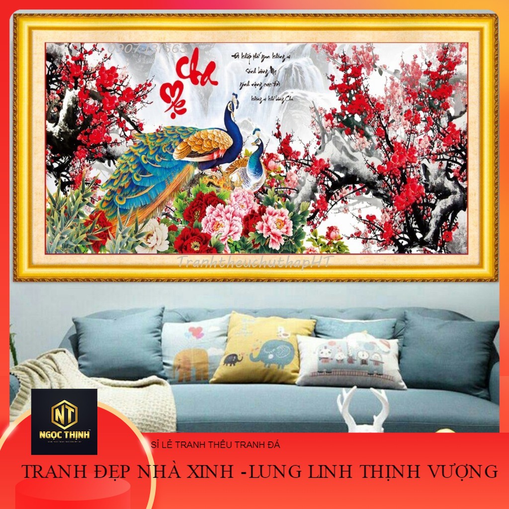 Tranh đính đá cha mẹ kt 100x50 cm chưa đính/ tranh thêu chữ thập cha mẹ kt 83x42 cm chưa thêu