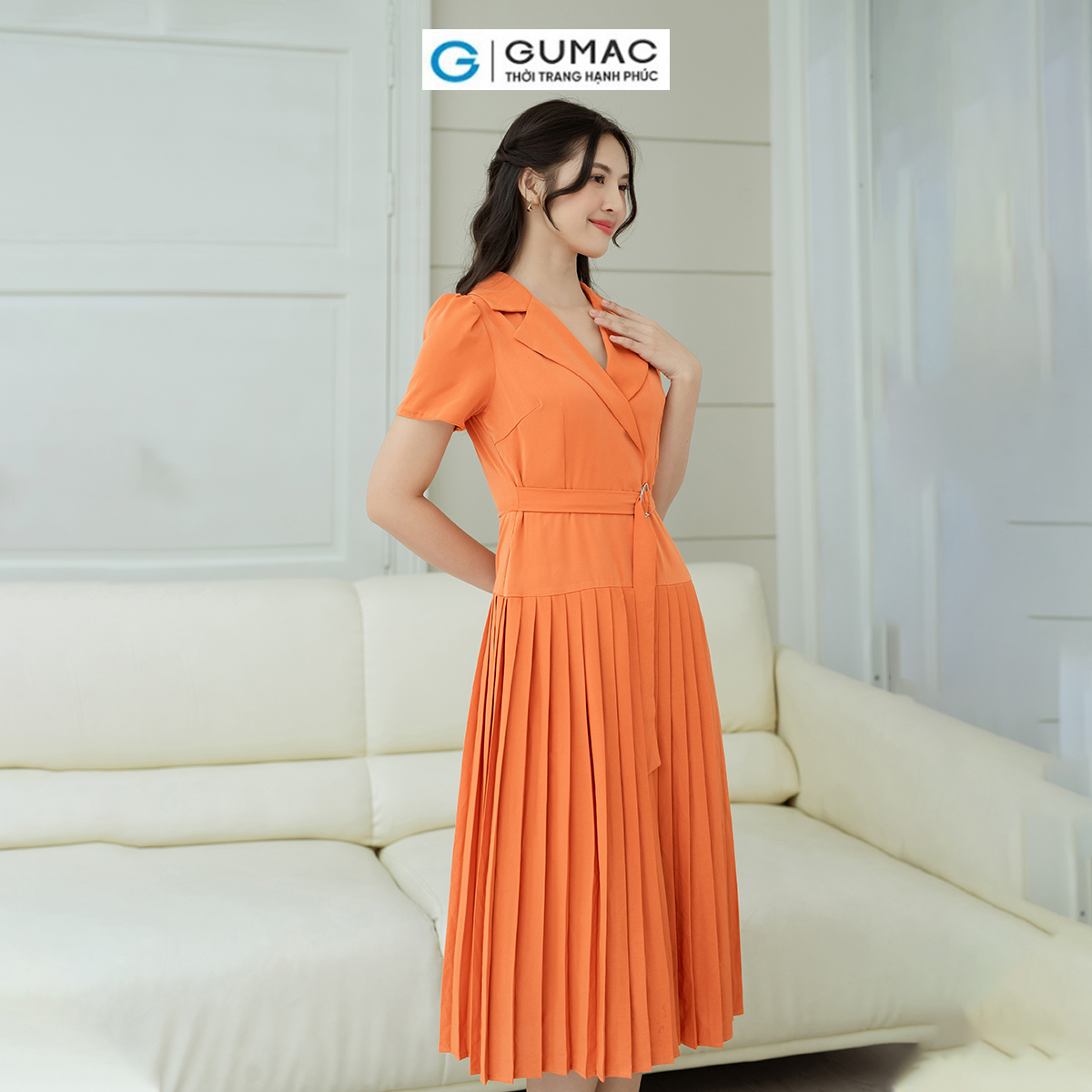 Đầm nữ dáng A cổ danton GUMAC DD08016 dập ly, eo phối dây khoen kiểu
