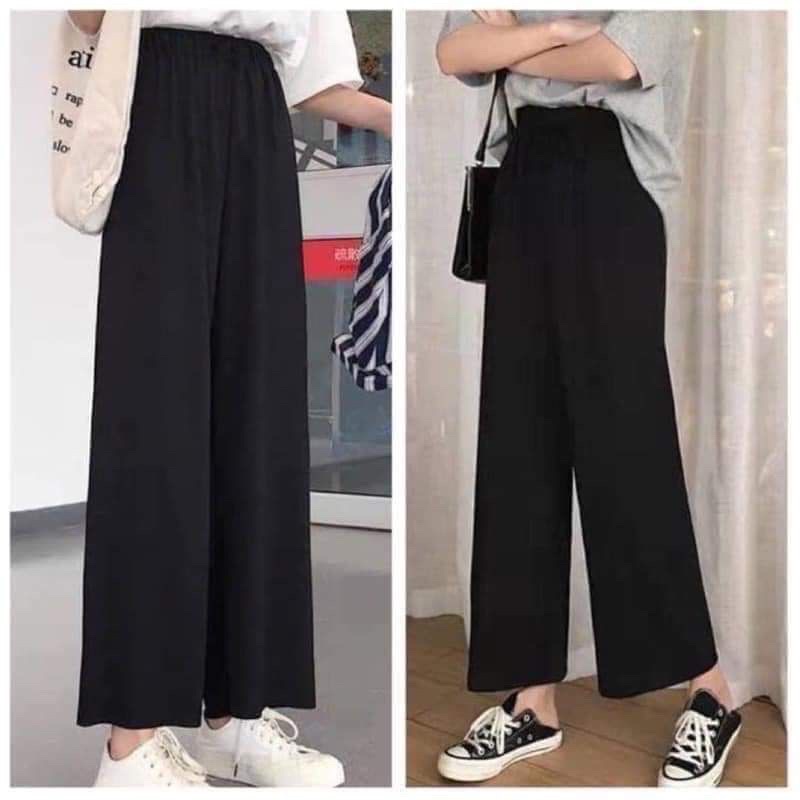 Quần ống suông cạp chun, quần ống rộng nữ màu đen ulzzang