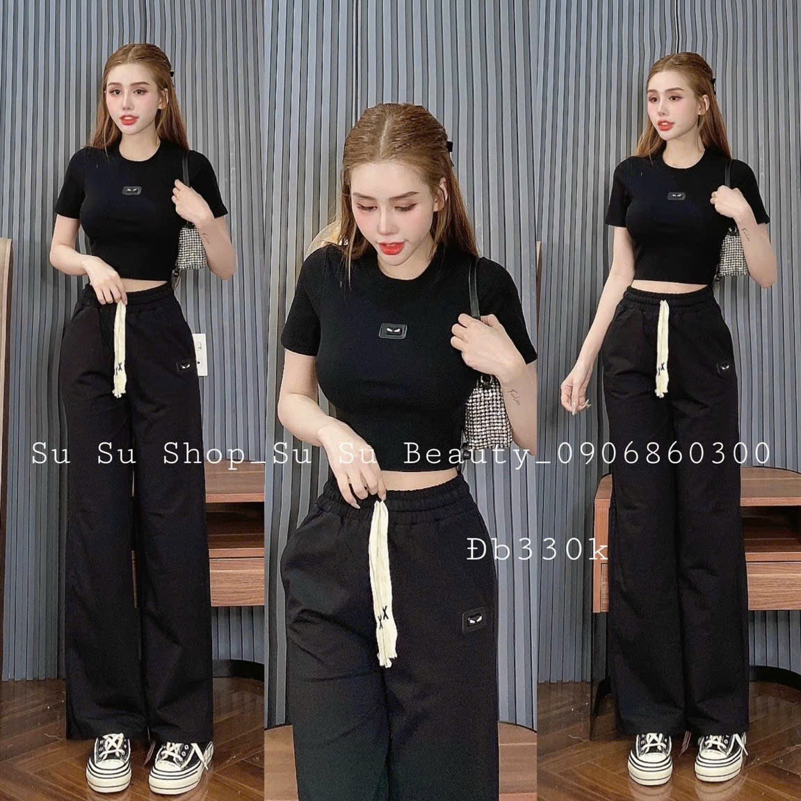 Sét bộ nữ thời trang mặc đi chơi chất thun gân áo croptop cổ tròn tay ngắn mix quần dài ống suông lưng cạp chun thắt dây cao cấp