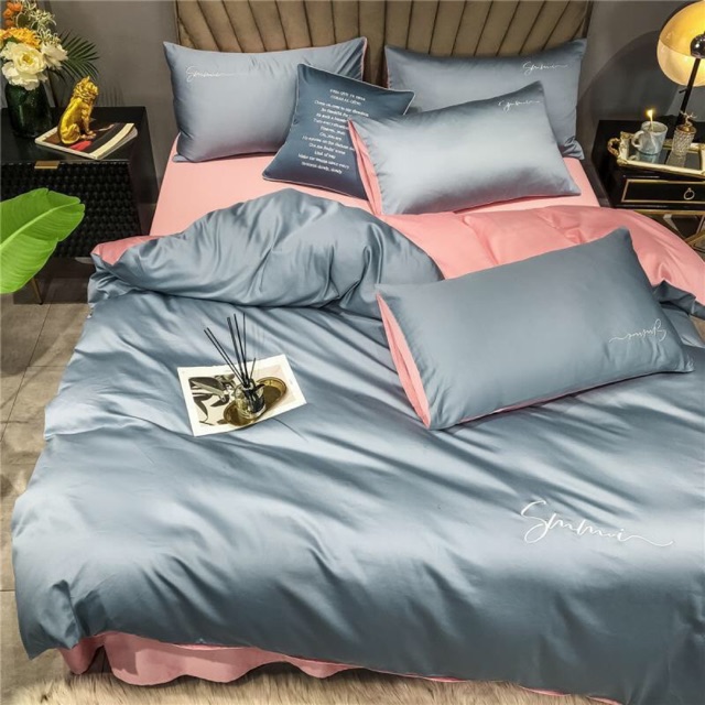 Bộ chăn ga gối lụa tencel sumoi xanh hồng