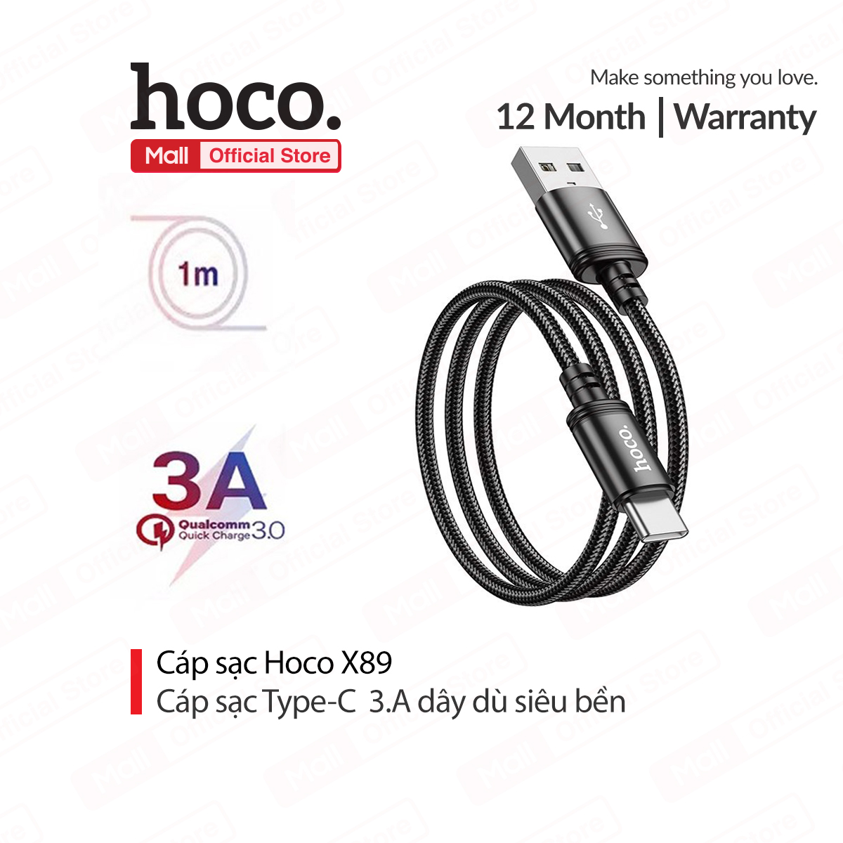 Cáp sạc 3A Hoco X89 Type-C dây dù đầu sạc chống gãy gập dài 1M cho Android