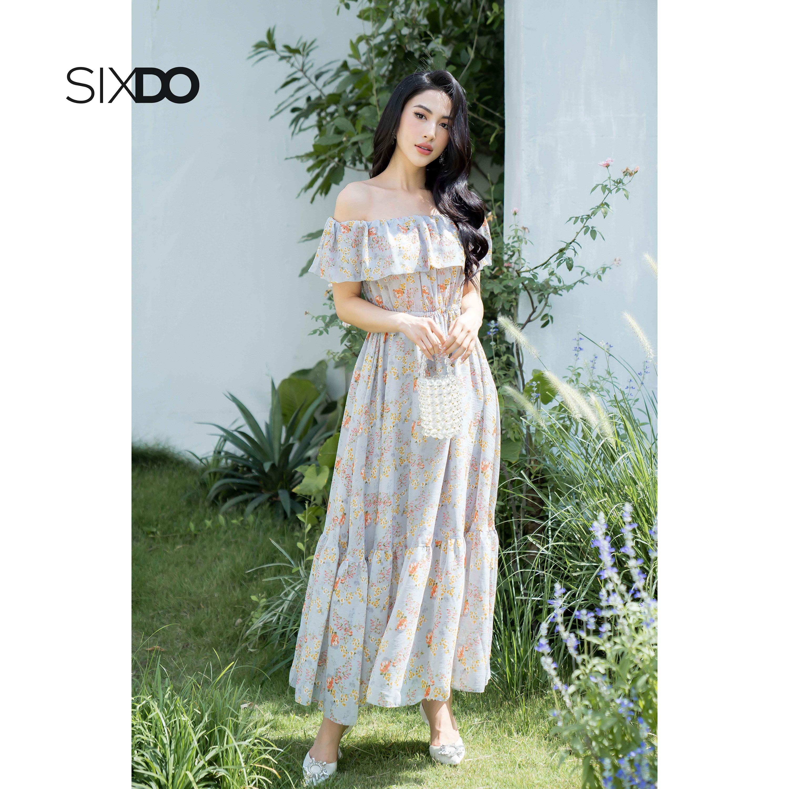Đầm maxi voan hoa trễ vai SIXDO (Grey Floral  Maxi Voile Dress)