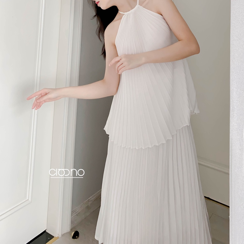CIGNO- SET áo cổ yếm, chân váy dập ly lụa FIDELIA