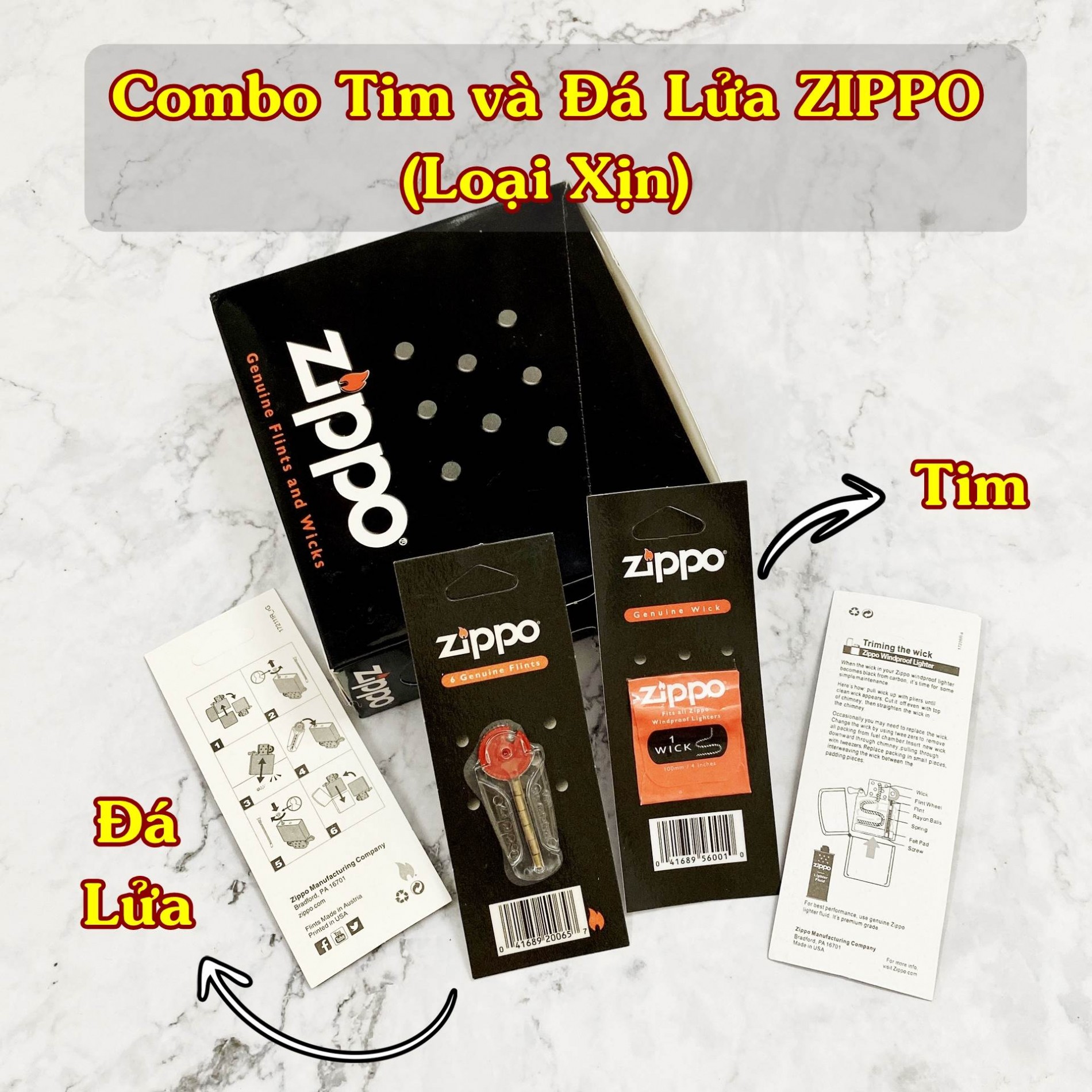 COMBO Tim Và Đá Lửa Thay Zippo, Bấc Và Đá Zippo Mỹ Loại Xịn..