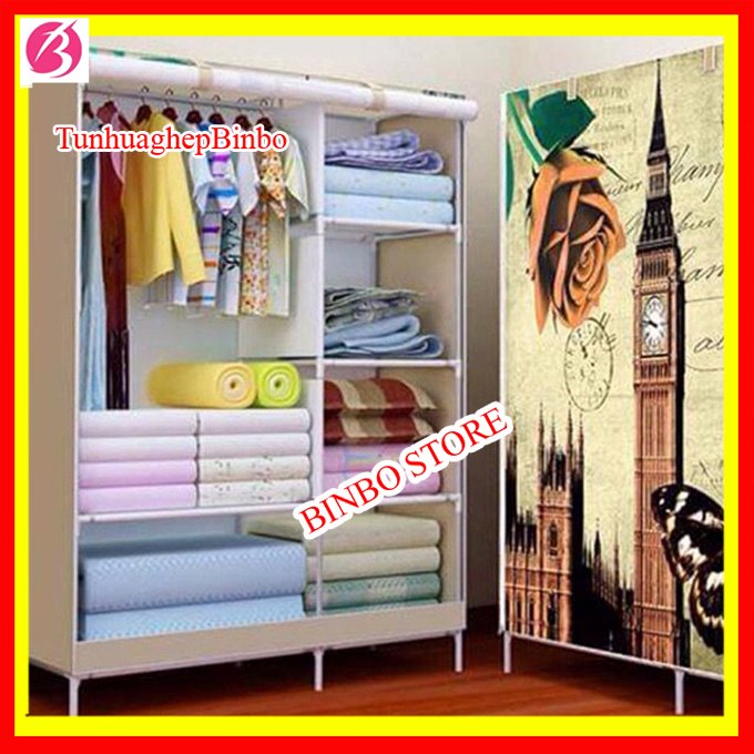 Tủ vải khung sắt đựng quần áo  2 buồng 6 ngăn khung Inox cao cấp in hình họa tiết 3D  màu xanh để đồ gấp gọn, tủ vải lắp ghép tiện lợi
