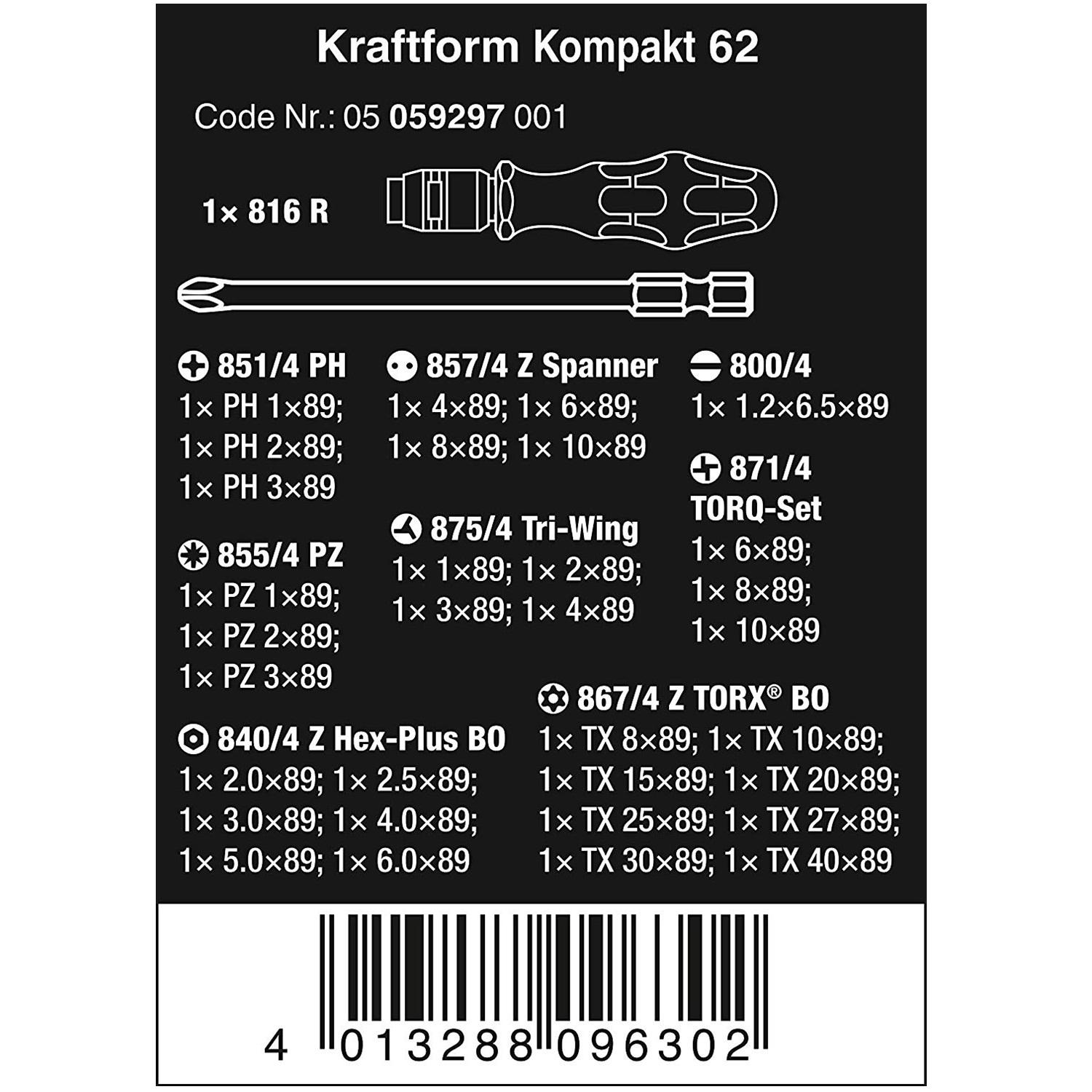 Bộ dụng cụ mở vít đa năng Wera 05059297001 Kraftform Kompakt 62