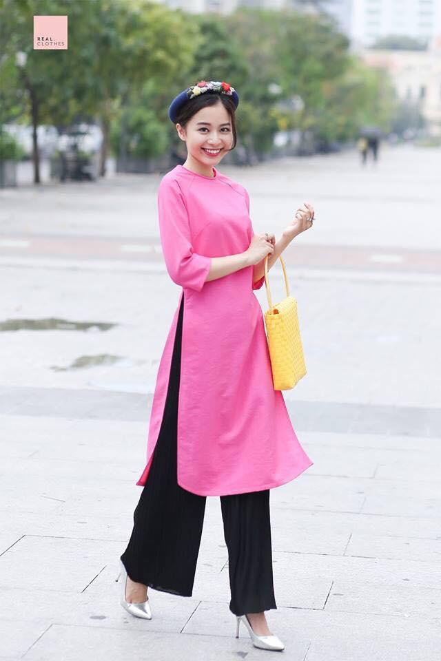 Áo dài cách tân nấm hoa set kèm quần lụa ( hồng )