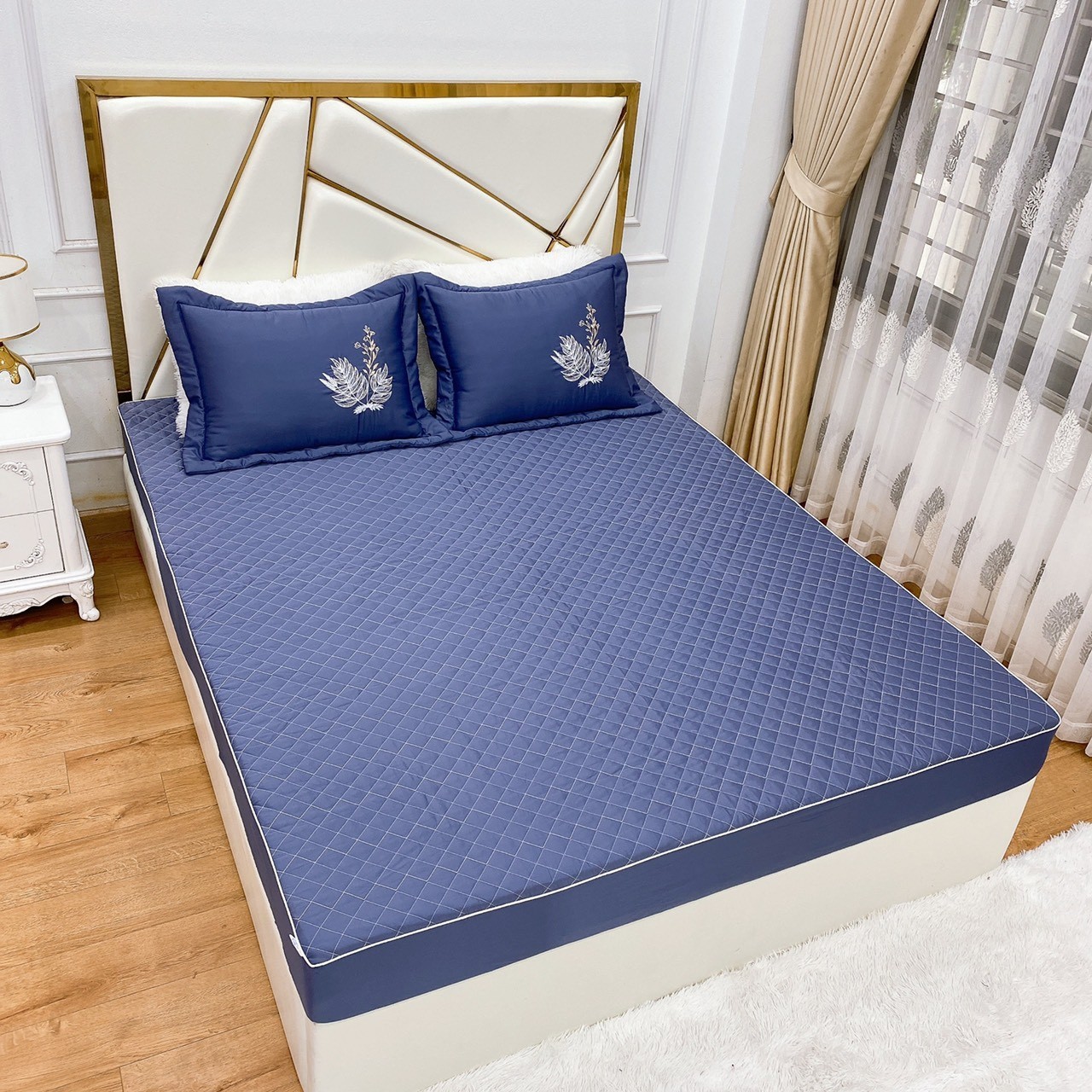 Bộ ga gối phi lụa trần bông, ga bo chun bọc đệm 10p (tặng kèm 2 vỏ gối)