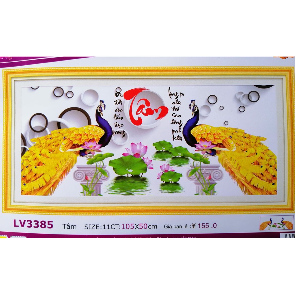 Tranh thêu chữ thập chim công vàng Tâm LV3385