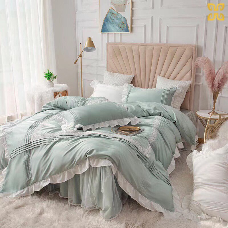 Set chăn ga gối cotton lụa bèo ren phong cách công chúa hàn quốc , hàng nhập khẩu full set 4 món