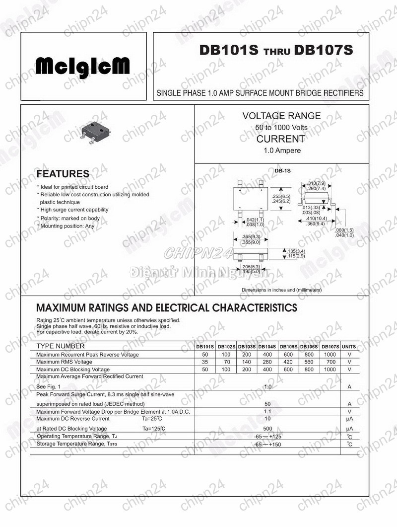 [5 con] (K458) Cầu Diode Dán DB107S 1A 1000V SMD (1A dán) - HH000223