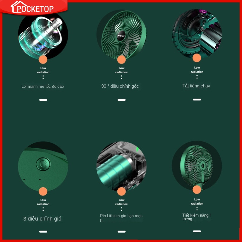 POCKETOP Quạt mini để bàn có thể gập có cổng USB