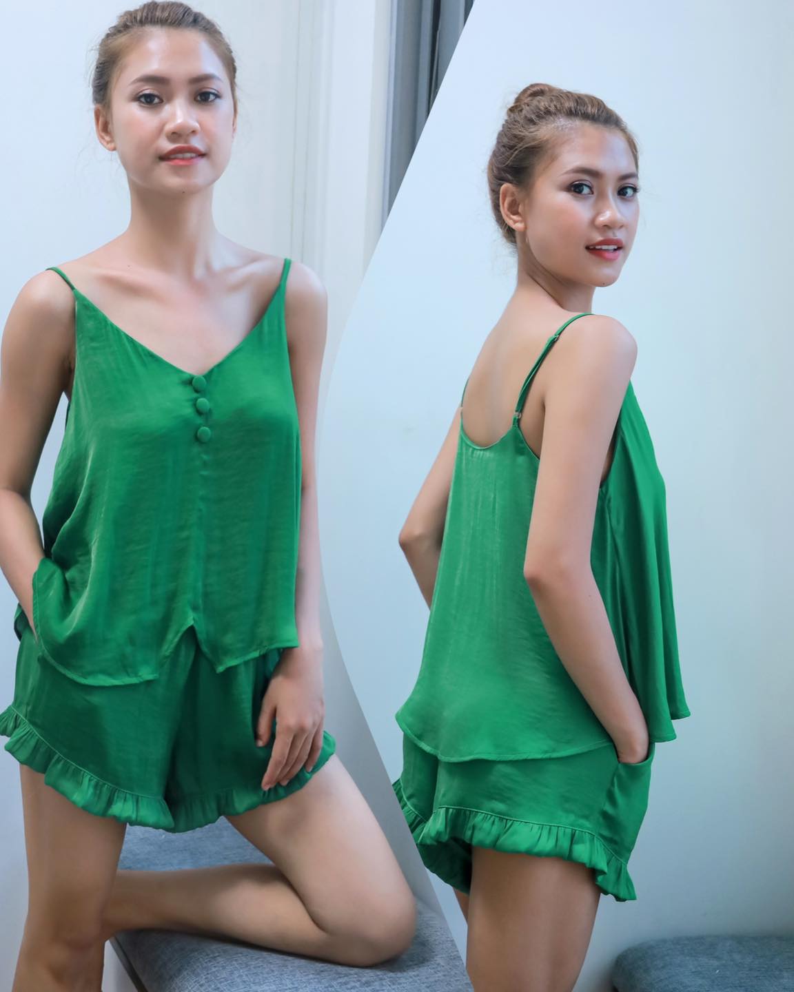 Bộ đồ mặc nhà quần đùi 2 dây lụa 3 nút Infashion