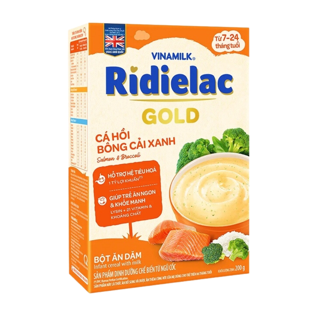 Bột Ăn Dặm Dinh Dưỡng Vinamilk Ridielac Gold Cá Hồi Bông Cải Xanh Hộp 200g (Dành cho trẻ 7~24 tháng tuổi)