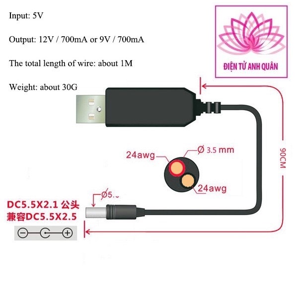 Dây cáp USB chuyển đổi từ DC 5V sang DC 12V.