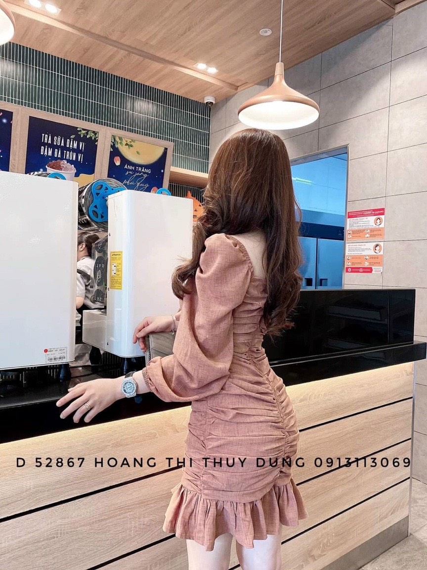 Đầm nhún tay dài cổ sâu phối bèo đuôi cá cực đẹp duyên dáng TTSA0950
