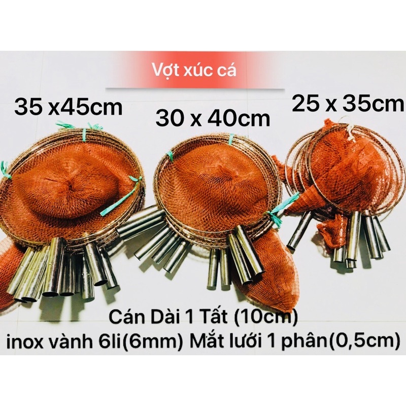 Vợt xúc cá, vợt cá, vợt inox 6li, cán inox tay cầm 10cm, vợt inox 6li tùng lưới rộng dài