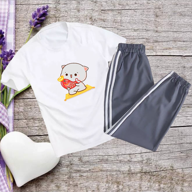 Sét Bộ Đồ Quần Áo Nữ Ngắn Tay Siêu Xinh Cute, Áo Cotton Organic In Động Vật Dễ Thương Kèm Quần Thun Sọc Bo Gấu