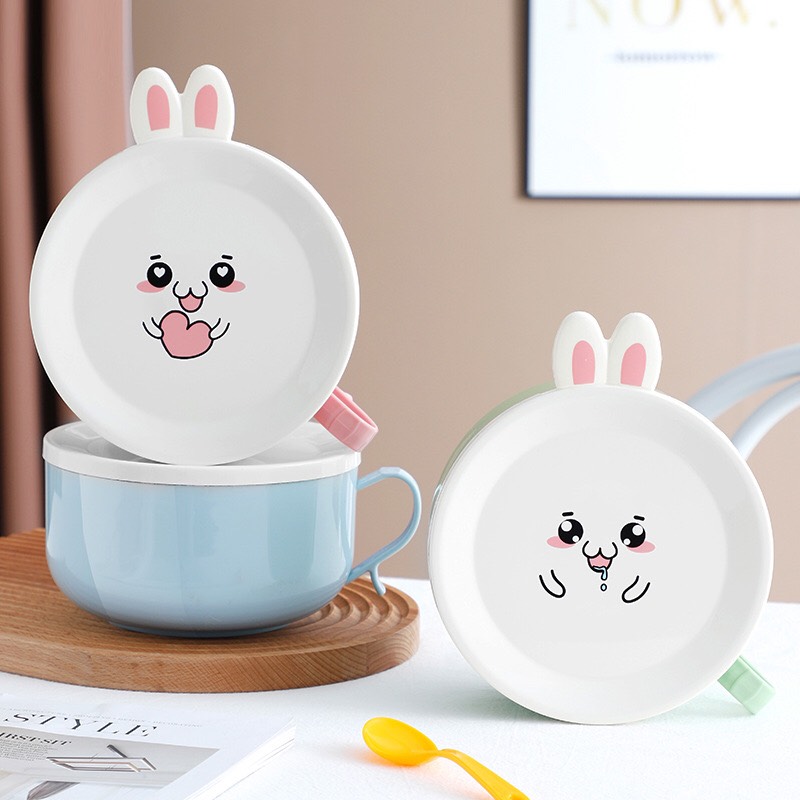 Bộ ly mì lúa mạch có nắp đậy/ ca ăn mì có nắp hình tai thỏ