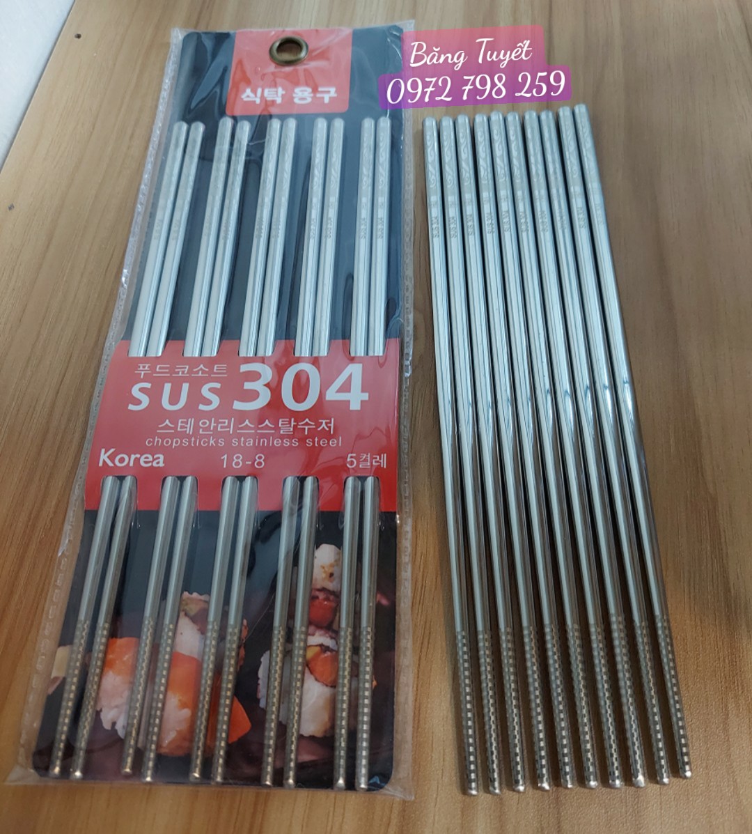 Đũa inox sus 304 cán vuông hàn quốc sét 5 đôi màu bạc ,vàng