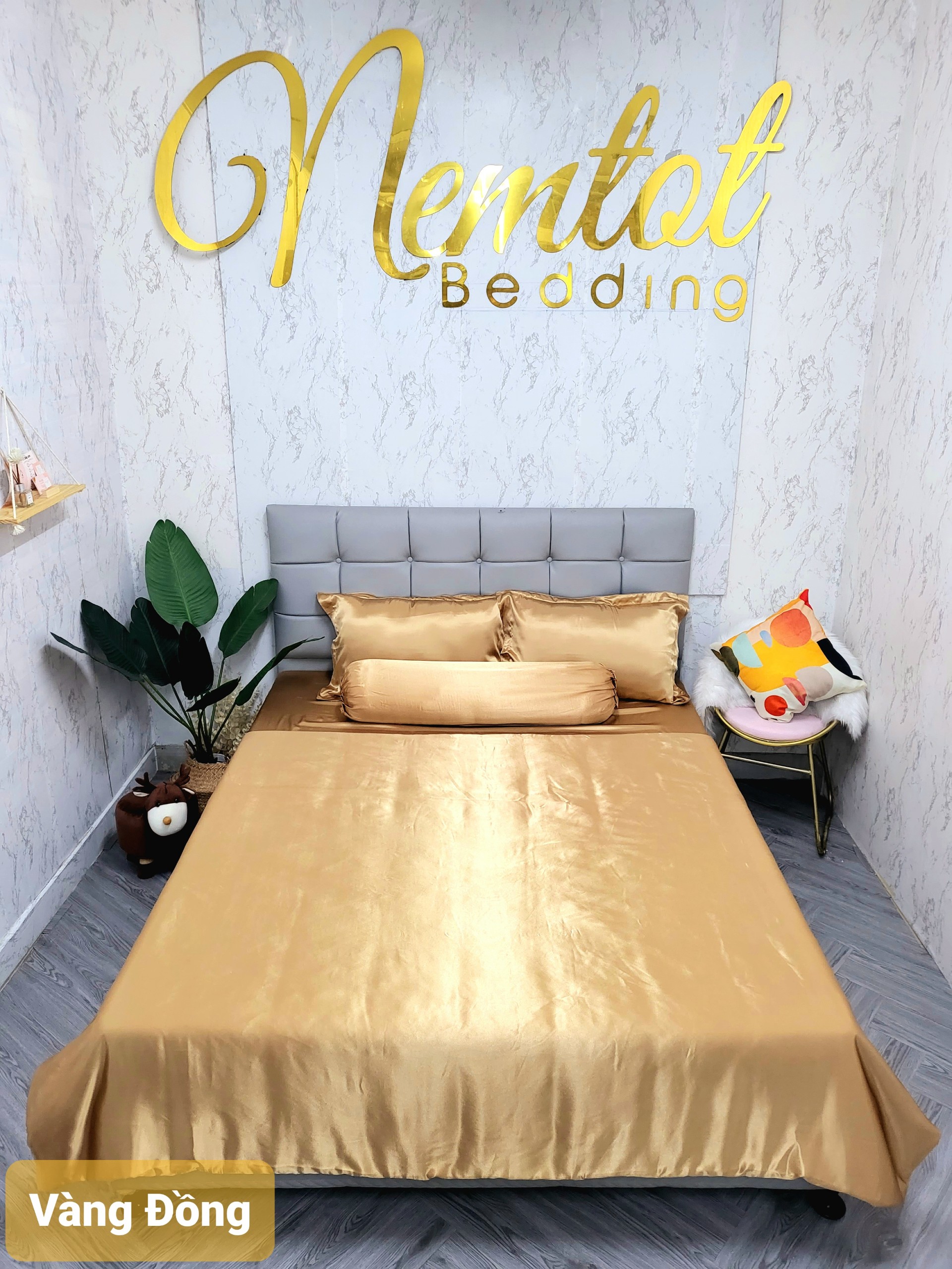 🔥HOT🔥 Chăn ga phi lụa Thái Tuấn cao cấp loại 1- Mãu màu phi lụa Vàng Đồng, bộ 5 món, 4 món, mền chần bông microfiber cao cấp mềm mịn mát_Nemtot Bedding
