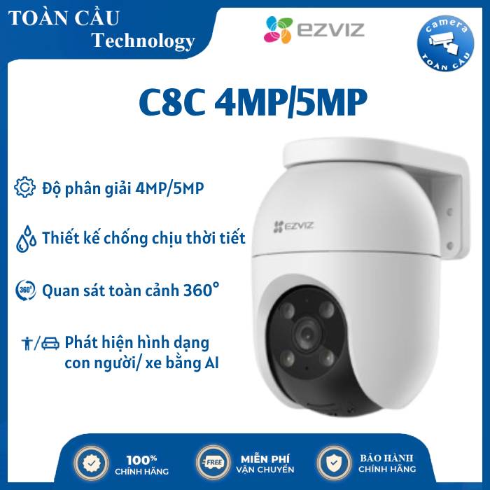 [CHÍNH HÃNG] Camera Wifi EZVIZ C8c 2K+ 4MP & C8c 3K 5MP Ngoài Trời - Siêu Nét, Xoay 360 độ, Đàm thoại 2 Chiều, Có Màu Ban Đêm, Báo Động Chống Trộm - Mẫu Mới EZVIZ C8c New  - Camera Toàn Cầu