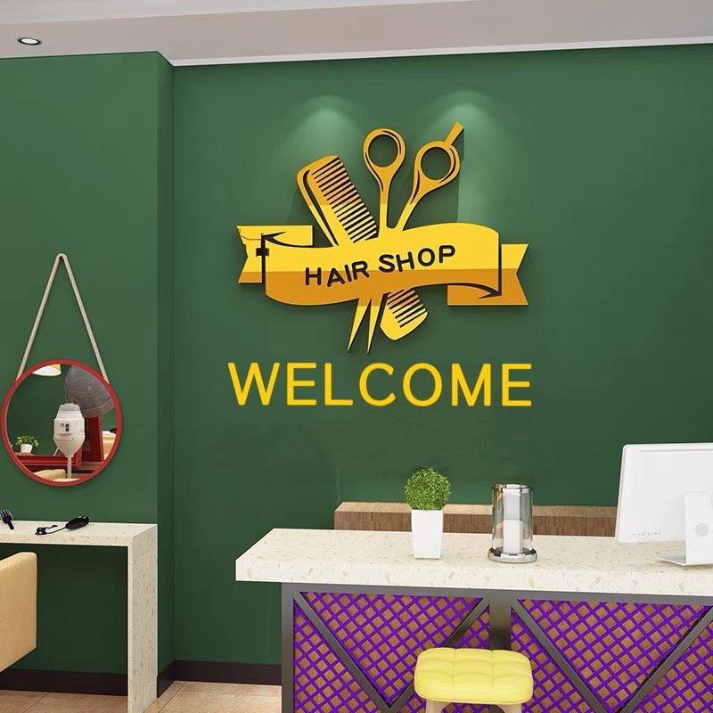 Tranh dán tường mica dán nổi cây kéo vàng trang trí salon tóc