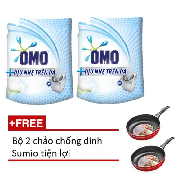 Combo 2 túi nước giặt Omo matic dịu nhẹ 2.4kg tặng bộ 2 chảo Sumio tiện lợi