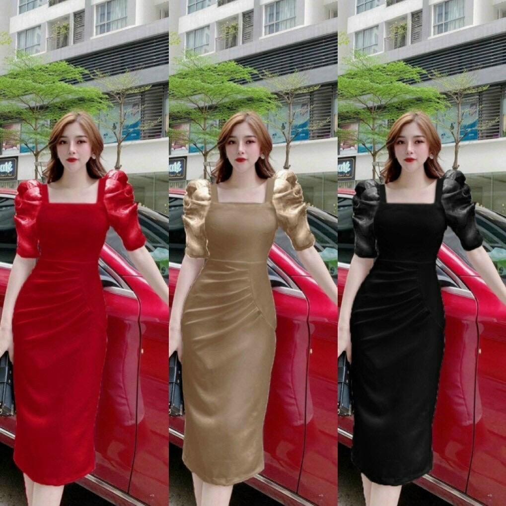 [HCM]ĐẦM CỔ VUÔNG TAY VOAN  XẺ TRƯỚC