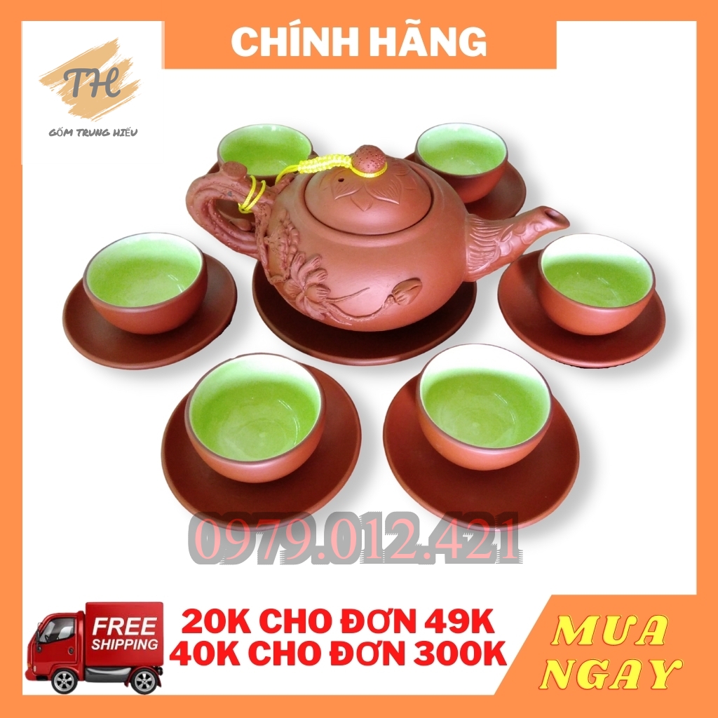 [Sale Sốc] Bộ ấm chén Tử Sa Bát Tràng đắp nổi sen đỏ