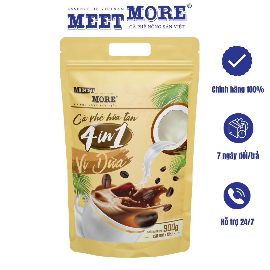 Bịch Cà Phê Hòa Tan 4in1 Vị Dừa Meet More (50 Gói/ 18 Gram) - Cà phê nông sản Việt