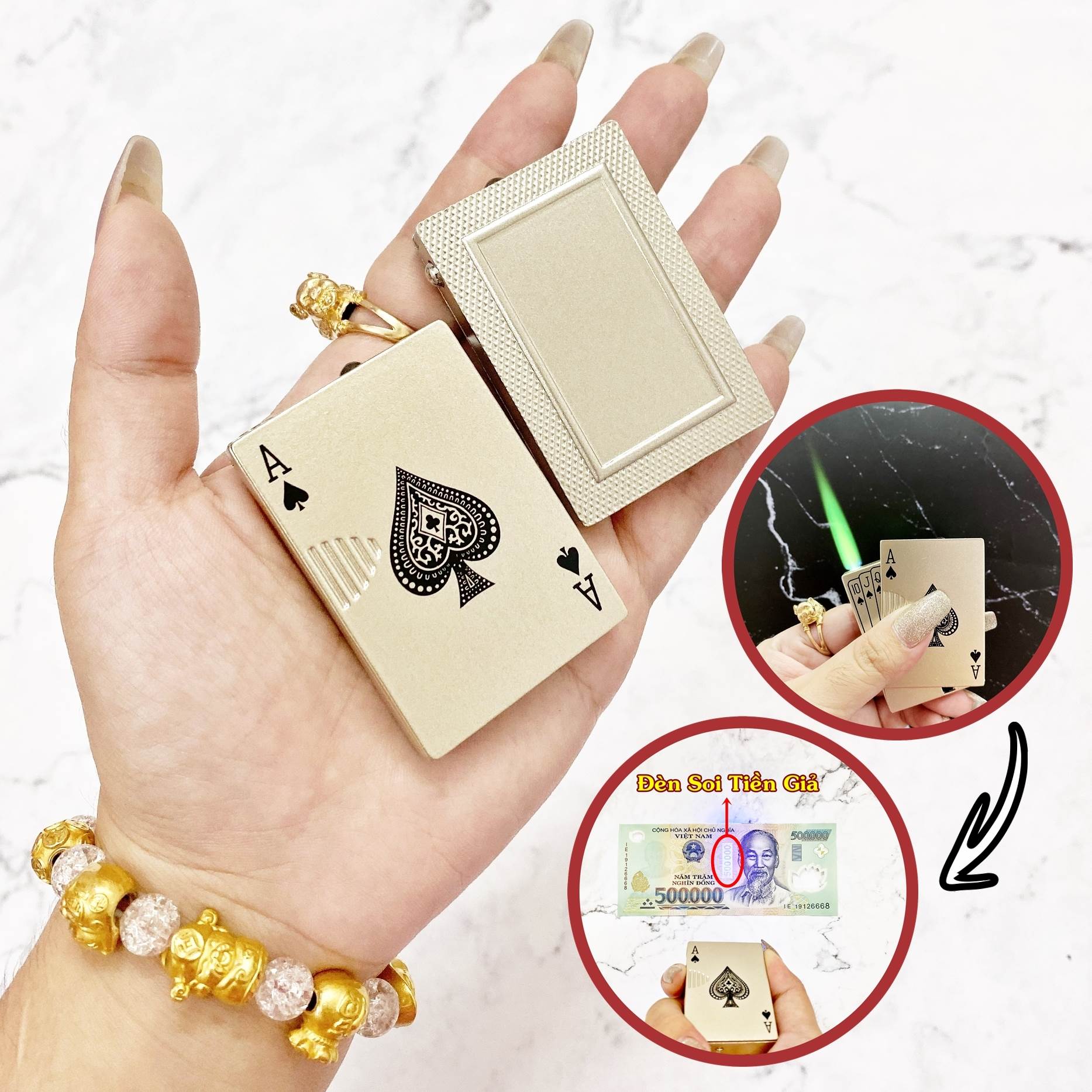 Bật lửa khè hình lá bài - có đèn soi tiền giả -