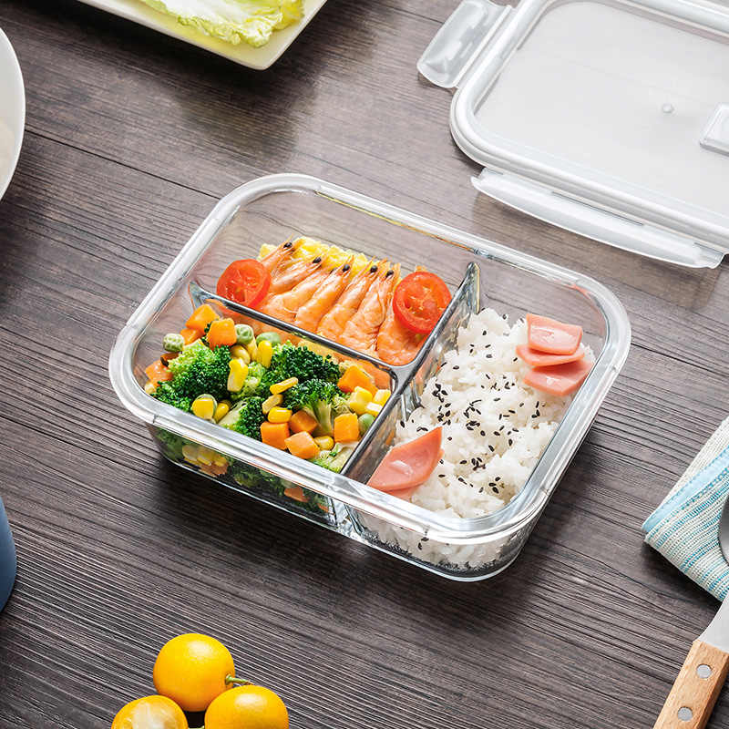 Office lunch box made of glass, divided into 3 compartments, 1000mL