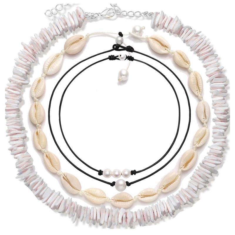 4 Pcs Shell Choker Necklace 14 16 18 Inch Seashell Short Hawaiian Boho Summer Beach Bohemia Jewelry Set Hawaii Cowrie Beads Cord Pearls Pendants for Women Girls Necklaces