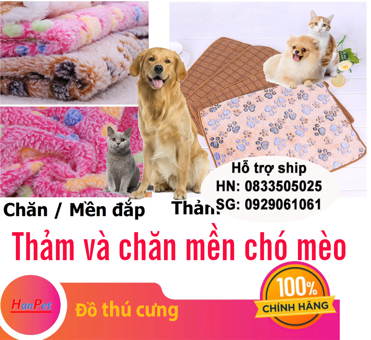 Hanpet - chăn mền chó mèo và Thảm cho chó vải nhung lót 3 Size - Thảm nằm chó mèo - / nệm chó mèo mùa thu đông màu ngẫu nhiên