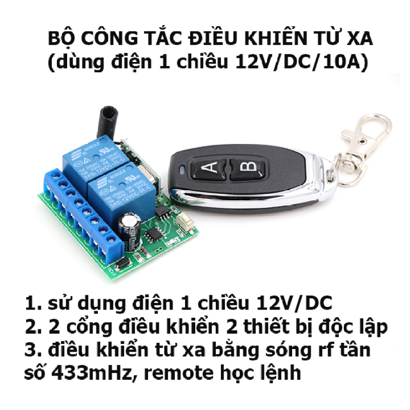 Bộ mạch công tắc điều khiển từ xa 12V/DC/10A 2 kênh điều khiển 2 thiết bị điện 1 chiều  độc lập