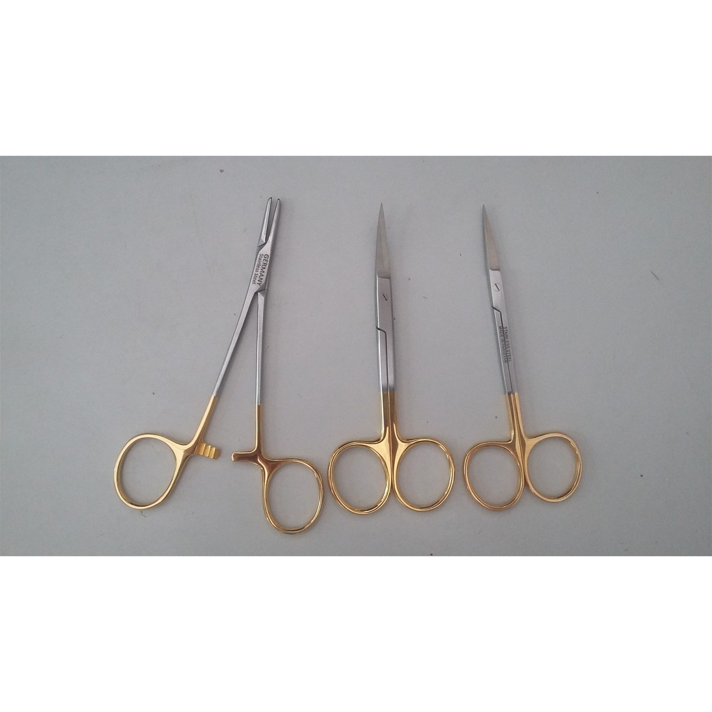 dụng cụ nhấn mí kìm kẹp kim+kéo cắt chỉ chuôi vàng