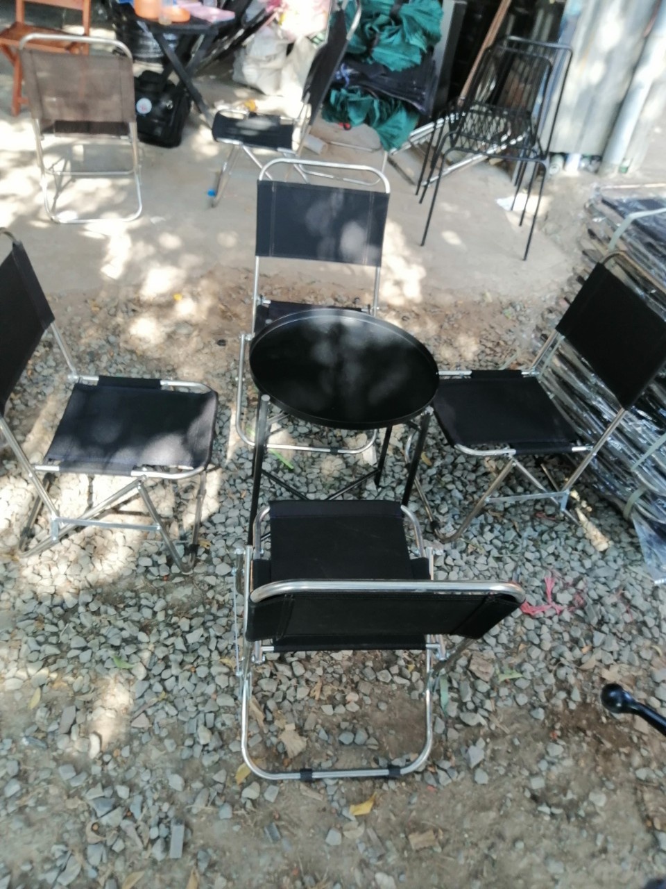 Bộ bàn ghế xếp cafe quán cóc (4 ghế inox lưng thấp + 1 bàn trà chanh màu đen)