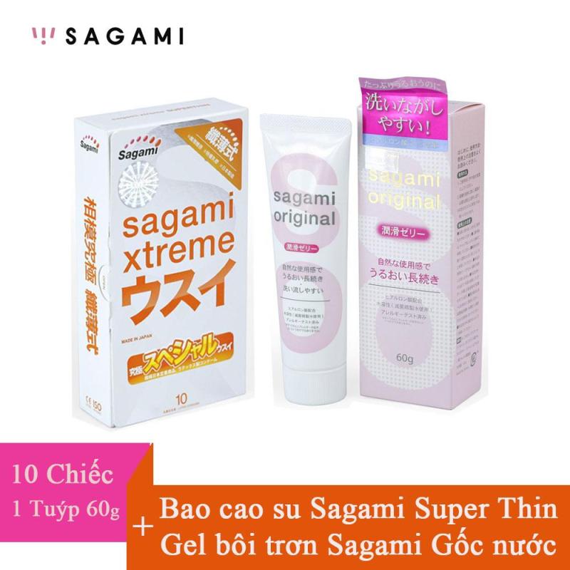 Bao cao su Sagami Super Thin hộp 10 chiếc và Gel bôi trơn Nhật ( BCS siêu mỏng và gel bôi trơn âm đạo) cao cấp