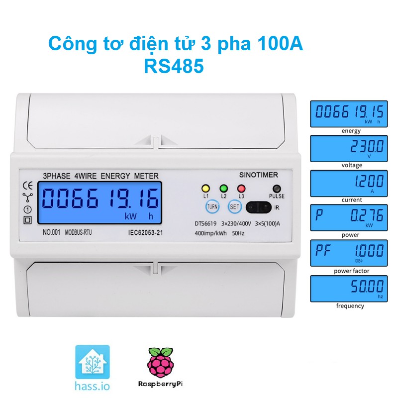 Electronic Meters 3 Phase 6 Parameters 100A Modbus RS485 (Support HomeAssistant)
