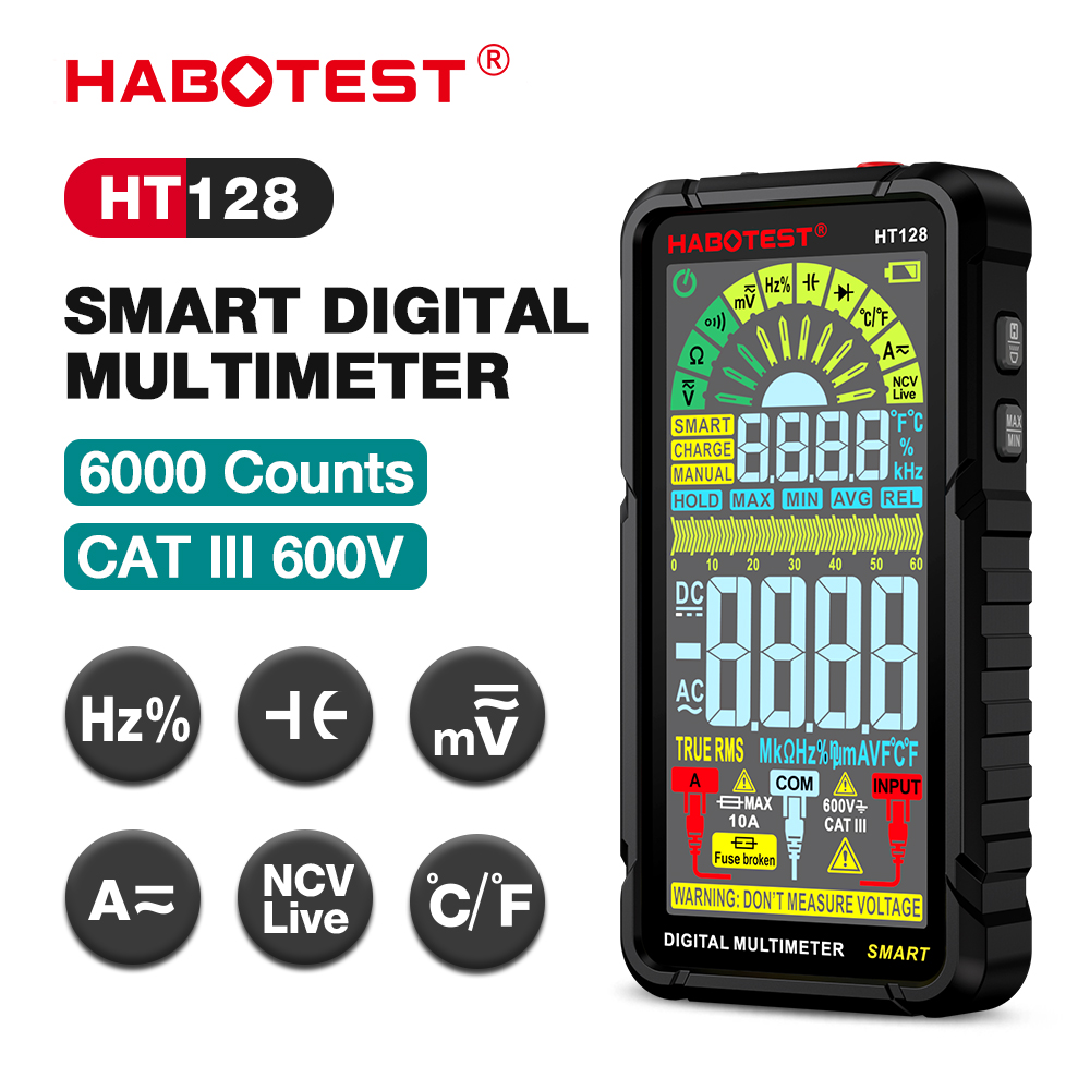 HABOTEST HT128 Digital Multimeter 6000 Counts Smart Measurement Auto-Ranging Voltmeter Voltage Tester with Non-Contact Voltage Function Measures AC/DC Voltage AC/DC Current Resistance Capactiance