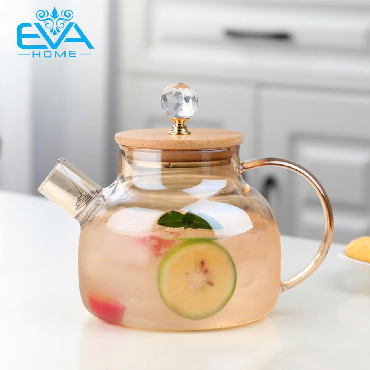 Bình Pha Trà Thuỷ Tinh Ánh Vàng Chịu Nhiệt Lưới Lọc Lò Xo Kèm Nắp Gỗ Cách Điệu Sang Trong 1000ML