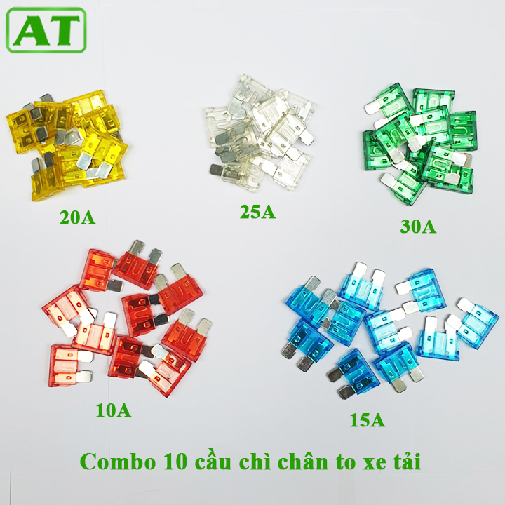 Combo 10 Cầu Chì Ô Tô Xe Hơi Chân To 10A, 15A, 20A, 25A, 30A Sử Dụng Cho Xe Tải