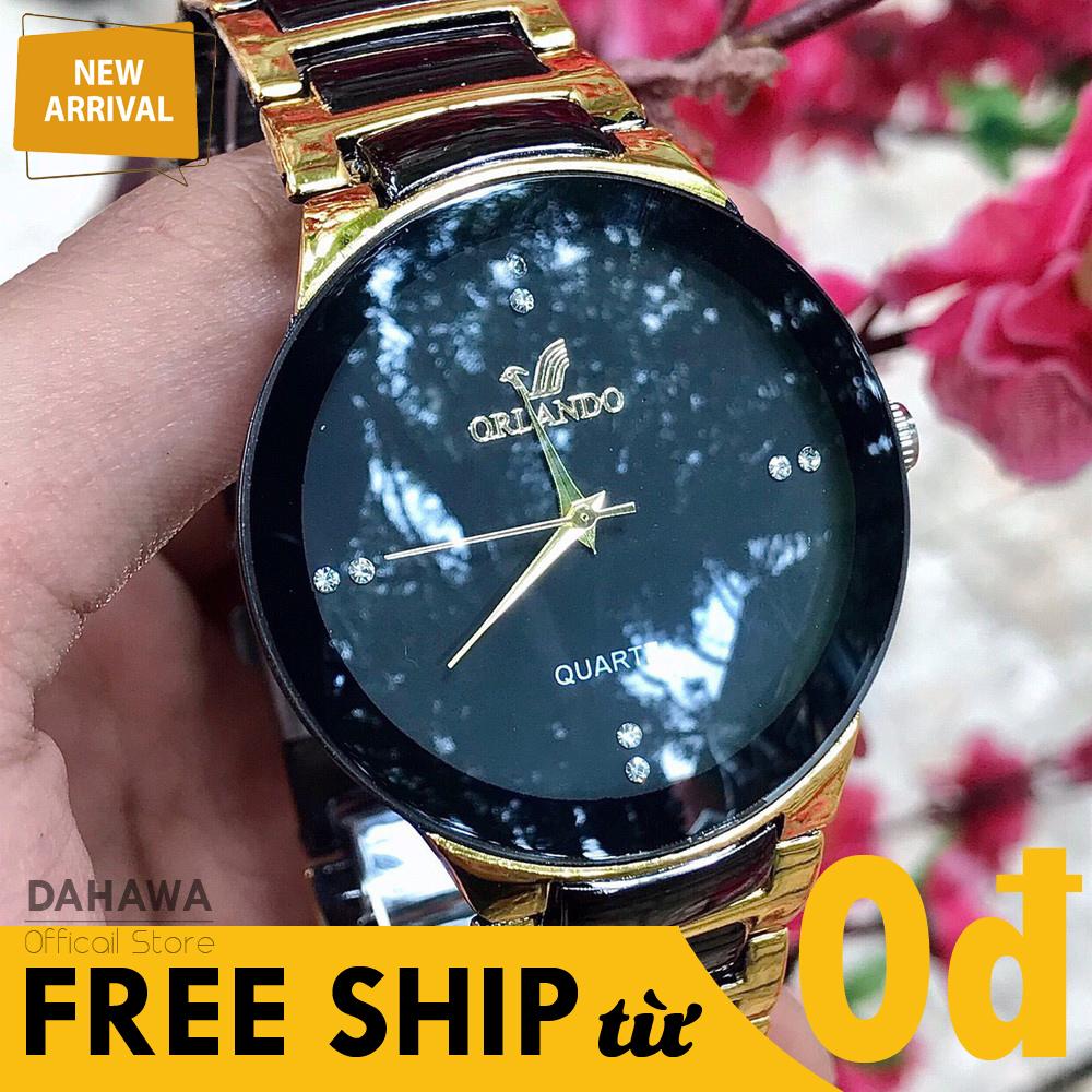 Đồng Hồ Quartz Thời Trang Nam Nữ ORLANDO RO80, Mặt Tròn Màu Đen Đính Đá Cực Sang Trọng, Phối Dây Kim Loại  Đen Vàng Cao Cấp Không Gỉ  (Bảo Hành 6 Tháng)