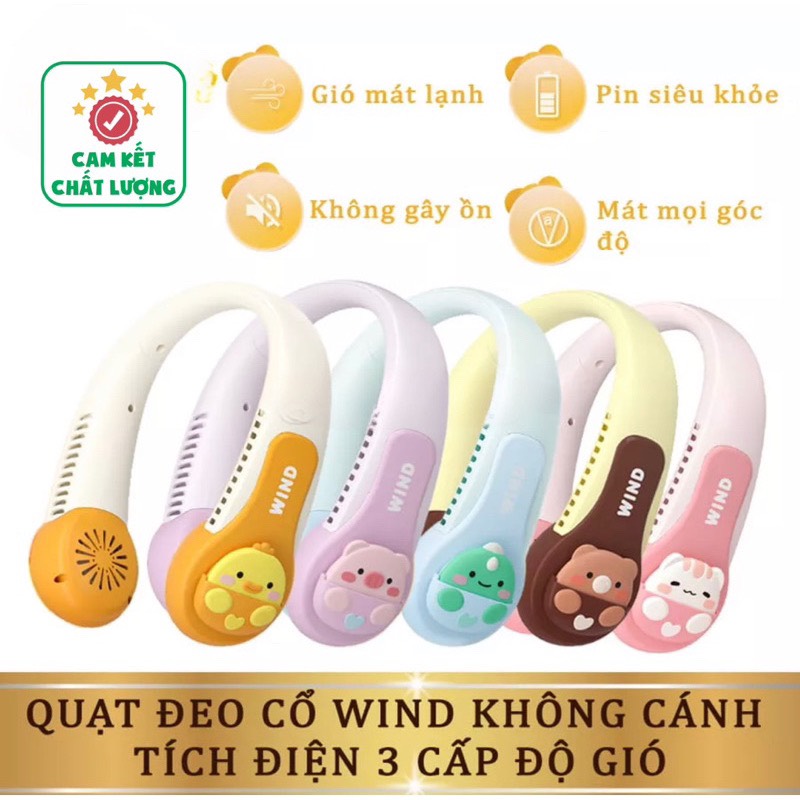 Quạt đeo cổ hình thú mini không cánh wind, quạt tích điện pin lớn, quạt đeo cổ hình thú 3 chế độ kèm bộ sạc usb tiện lợi (pink shop 98